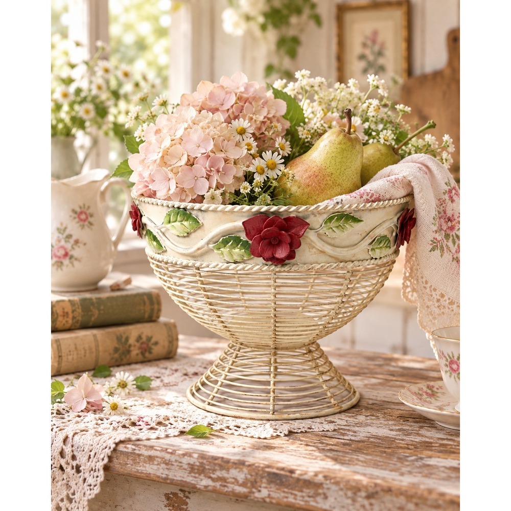 Vintage White Metal Wire Pedestal Basket Hand Painted Pink Flowers Cottage Decor